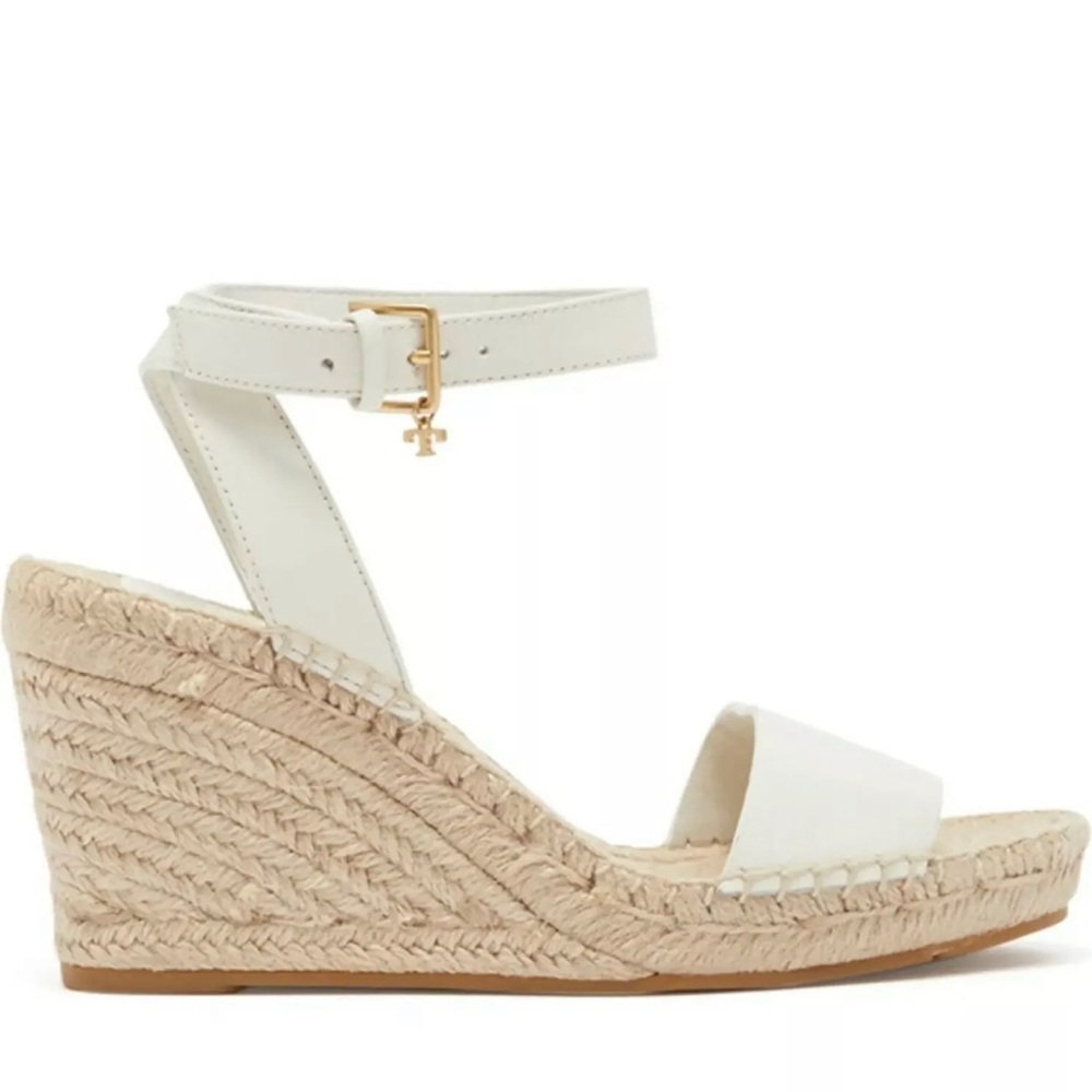 Tory Burch Womens Laurel 90mm Wedge Espadrille Sandals New Ivory Leather Size 7